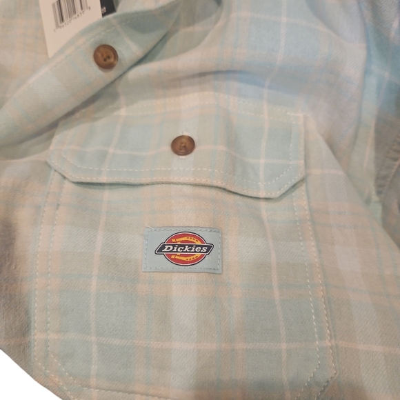 Dickies Women Oversize Flannel Winter Shirt Size M Soft Gray Turquoise Plaid - Picture 7 of 8